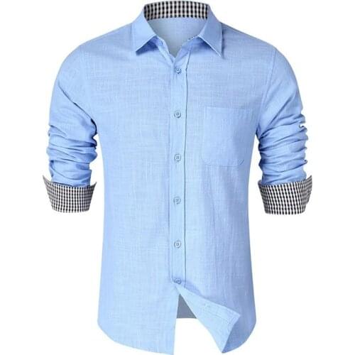 High Quality Flax Jeans Casual Shirt For Men Solid Blue Slim Fit Long Sleeves Cotton Denim Business Dress Shirts Male Tops