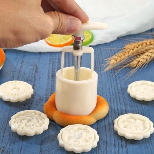 6 Patterns Ice Skin Mooncake Moulds Flower Hand Pressure DIY Biscuit Mold Round Cutter Set Cake Baking Accessories