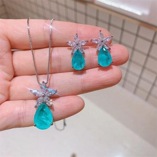 QTT Water Drop Silver 925 Jewelry Paraiba Emerald Tourmaline Gemstone Jewelry Sets Women Earrings 8.*12 Necklace 10*14