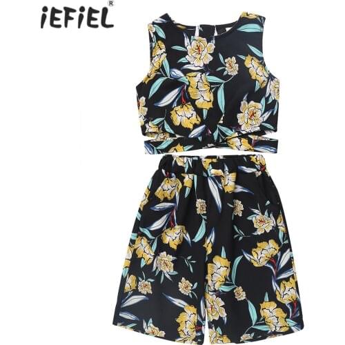Teen Kids Girls Clothing Set Summer Fashion Casual Outfit Sleevless Floral T-shirt Crop Tops Shorts Cropped Pants 2Pcs Tracksuit