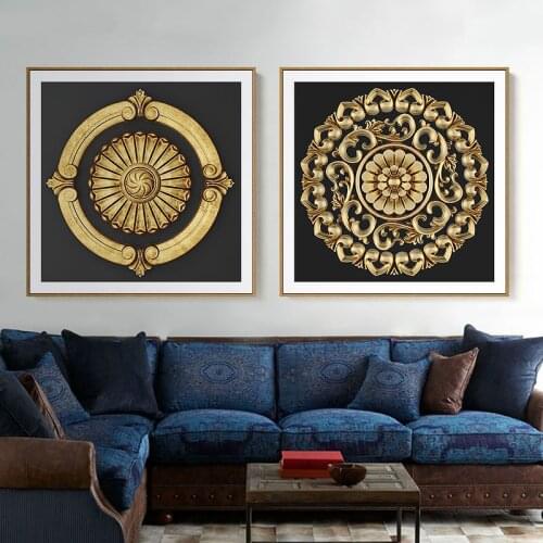 Fashion Square Burst Circle Canvas Painting Black And Gold Poster Print Luxurious Wall Art Pictures For Living Room Dining Room