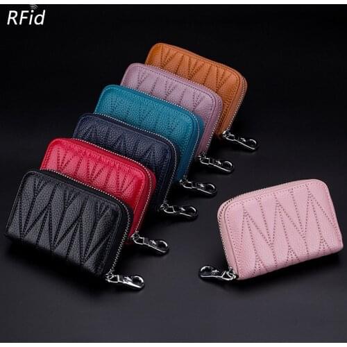 Fashion Women RFID Real Cow Leather Coins Case Portable Handy Cash Bag Wallet Small Lady Purse Zipper School Girls Card Holder