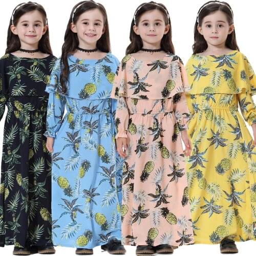 Muslim Long Sleeve Dress for Girl Child Kid Abaya Islamic Dubai Arabic Robe Gown Traditional Maxi Dresses Print Kaftan Clothing