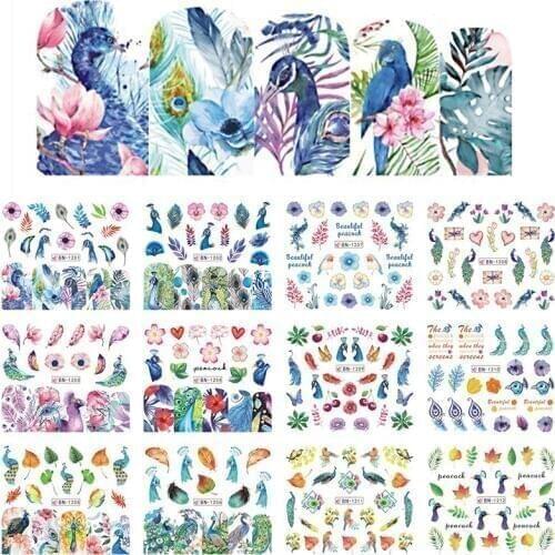 12 Designs Nail Sticker Peacock Flower Feather Stencil Tips Water Decal DIY Wraps Colorful Nail Art Decor Beauty BN1201-1212