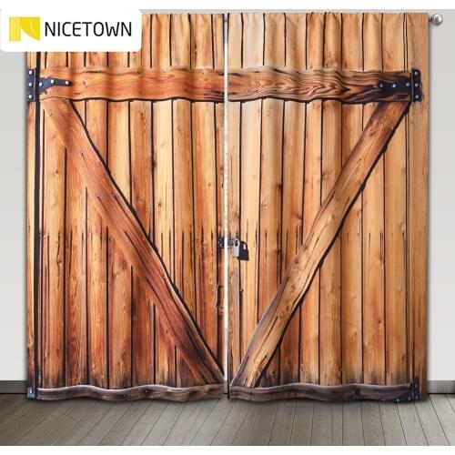 NICETOWN County Curtains Wooden Barn Door Pattern Blackout Decorating Rural Life Print for Farmhouse Office Living Room Garden