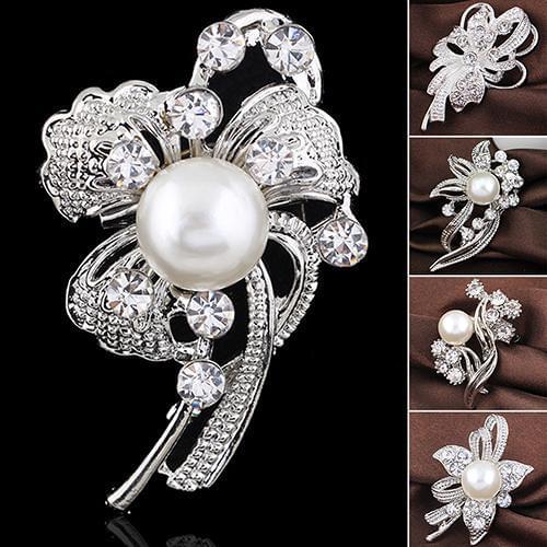 New Bridal Bouquet Rhinestone Crystal Brooch Pin Silver Pearl Brooches Flower Bouquet Brooch Pin for Women Wedding Party