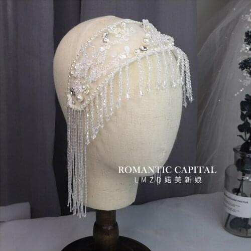 Luxury Crystal Fringe Tassel Hairbands For Women Handmade Beading Pearl Wide Headband European Bride Luxury Rhinestone Headpiece