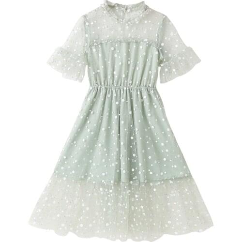 Girls Dress 2021 Summer Sweet Elegant Slim Mesh Patchwork Polka Dot Dress Casual Loose Big Swing Mint Green Princess Dresses