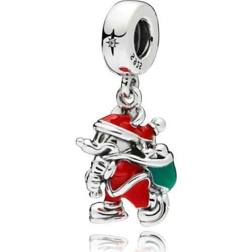 Genuine 925 Sterling Silver Santa Mickey & Gift Bag Dangle , Red & Green Enamel Bead Fit Pan Bracelet & Necklace Jewelry