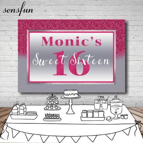 Sensfun Glitter Hot Pink Grey Sweet 16 Party Backdrop Girls Birthday Party Photography Backgrounds Customized 7x5ft Vinyl