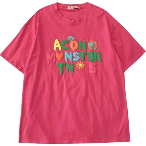 Contrasting Color Planet Letters Print O Neck Loose Short Sleeve T-Shirt