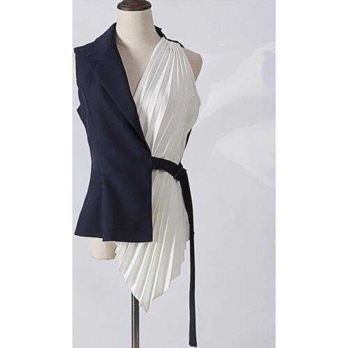 Unique Patchwork Pleated Irregular Women Vest Asymetrical Design Ladies Outerwear Vest