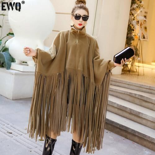 [EWQ] 2021 Autumn Winter Women Overcoat Manteau Fashion Streetwear Batwing Sleeve Faux Mink Cashmere Tassel Cloak Coat 16N-a2
