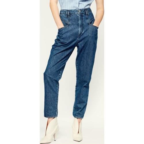 Women Jeans Pants 2021 Fall New Womens High Waist Pocket Blue Cropped Straight Jeans