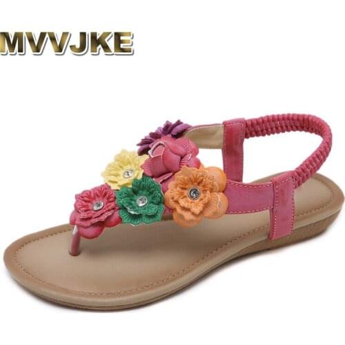 MVVJKE 2019 Flower Crystal Women Flat Sandals Shoes Woman Bohemia Gladiator Casual Flip Flop Ethnic Colorful Beach Sandals