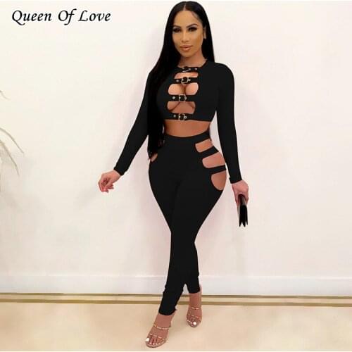 2021 New Fashion Elegant Hollow Cut Out Pants Outfits Sexy Club Party 2 Piece Long Sleeve Crop Top And Pencil Pant Matching Set