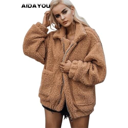 Womens Winter Coat Jacket With Pocket Teddy Bear Fleece All Very Warm Fashion Faux Shaggy Plus Size Coat ouc606a