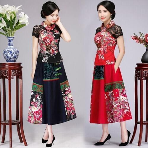 2PCS Set Sexy Women Floral Printing Patchwork Lace Shirt And Skirt Uniform Slim Plus Size 6XL Chinese Ethnic Style Clothes