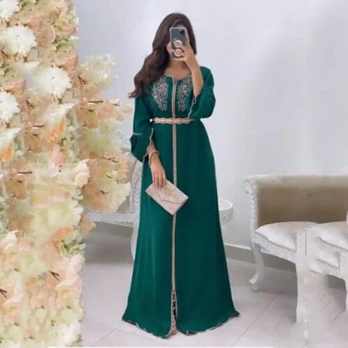 2021 Moroccan Caftan Evening Dresses Arabic Muslim Party Prom Dress Embroidery Appliques Long Evening Dress Sleeve Plus Size