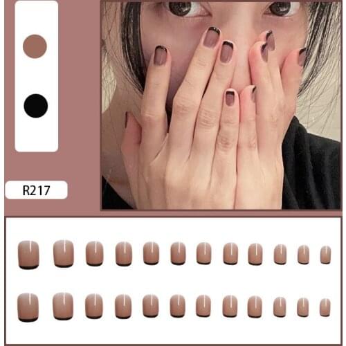 24Pcs Detachable False Nails Nude Black Edge Square Wearable Artificial Fake Nails Full Cover French Nail Tips Art Accessories