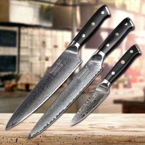 SUNNECKO 3PCS Damascus Kitchen Knife Set Slicer Chef Paring Kinfe Cooking Knife Japanese VG10 Sharp Knife Cutter G10 Handle