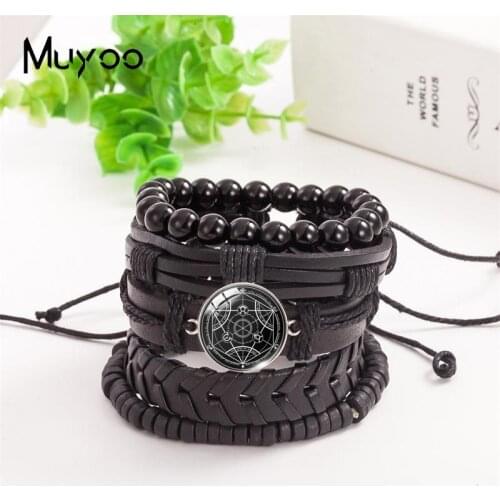 5Pcs/Set Black Magic Pentagram Trendy Steampunk Pentagram Patterns Glass Cabochon Mens Leather Charm Bracelet Cuff