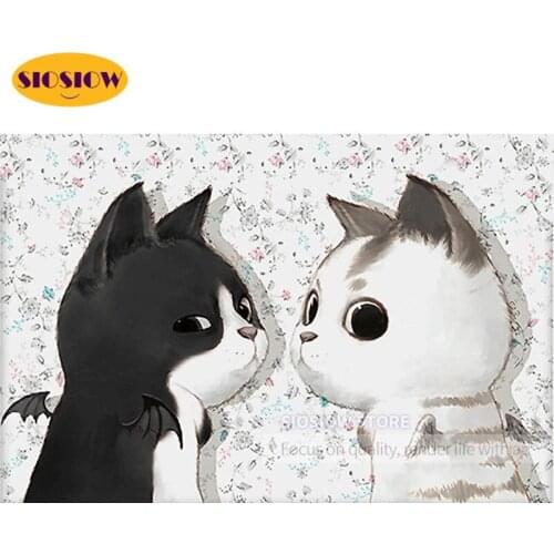 Full Drill 5d Diy Diamond Painting Cartoon Black White Cats 3D Dimond Embroidery Square Round Mosaic Cross Stitch Rhinestones