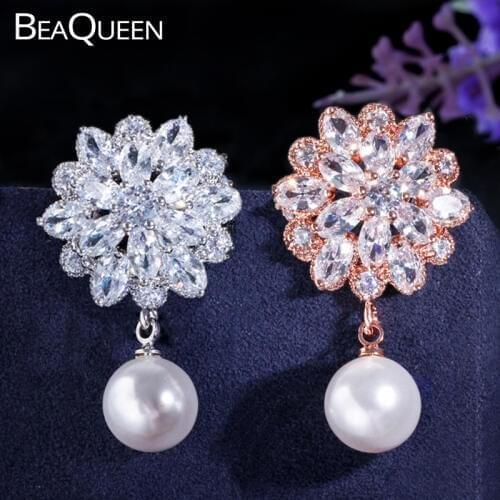 BeaQueen Fashion Oval Cubic Zirconia Stones Flower Round Dangle Drop White Pearl Earrrings Party Jewelry for Women Gift E069