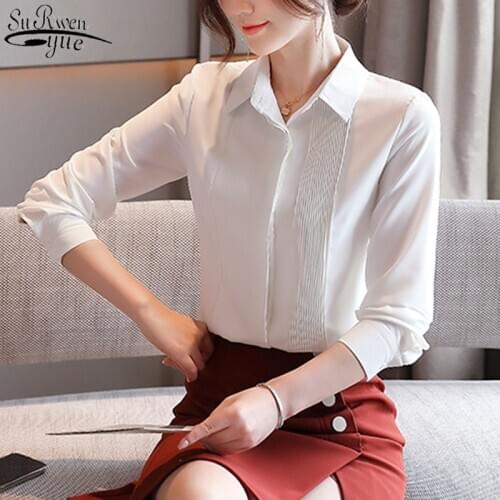White chiffon womens shirts korean long sleeve work wear women POLO collar elegant simple fashion overalls for women 10857