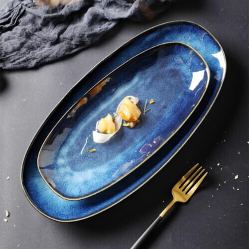 Large Ceramic Blue Fish Plate Kiln Change Oval Fruit Snack Plate Sushi Western Food Plate Household Restaurant Dishes Tableware