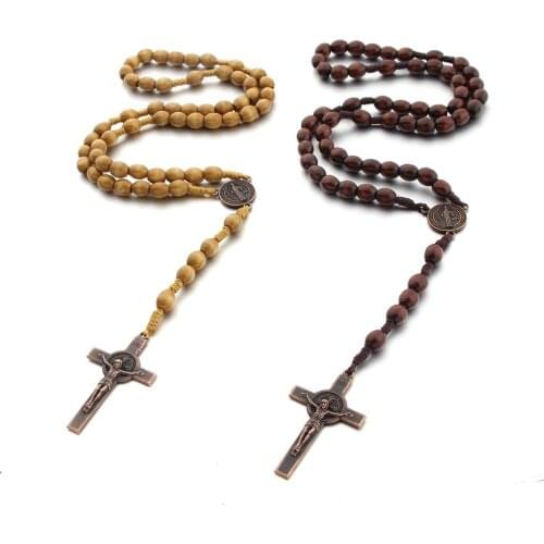 Wooden Beads Handmade Thread Weaving Jesus Christ Chain Pandent Virgin Mary Rosary Necklace Catholic Christian Cross Rosary