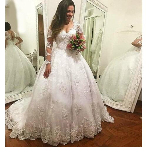 Cheap V Neck Long Sleeve Wedding Dresses With Appliqued Long Sleeve Bridal Gowns Beading Sweep Train