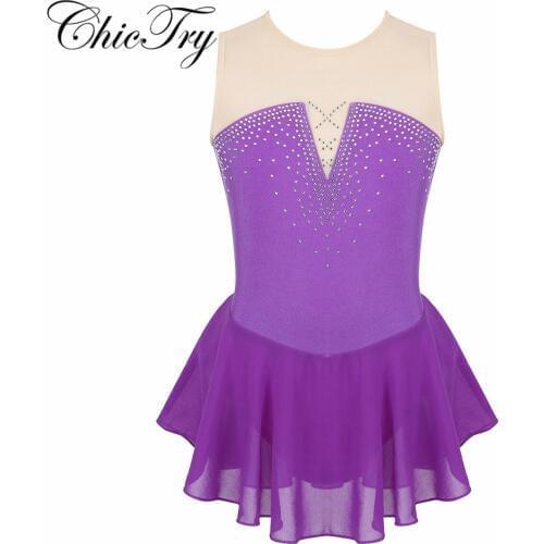 Kids Girls Sleeveless Sparkly Inlaid Rhinestone Mesh Splice Skating Ballet Dance Gymnastics Leotard Tutu Dress for Performance