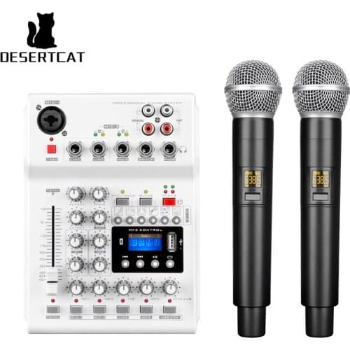 DESERTCAT 2 Channel USB Multi-functional Audio Mixer Console with UHF Wireless Microphone Soundcard Mixing Bluetooth-compatible