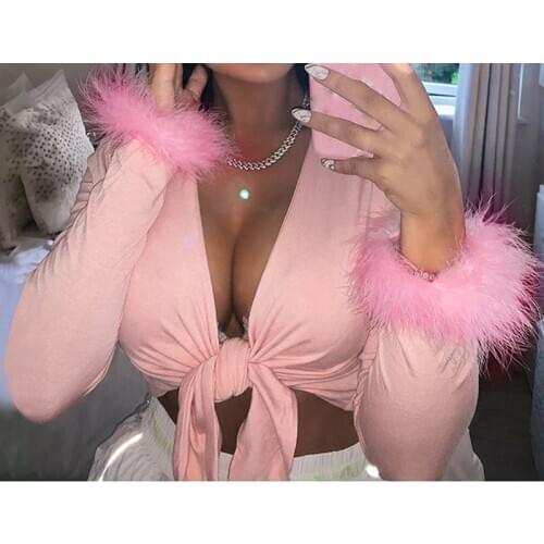 GAOKE Pink V-Neck Sexy Women Shirt Front Bandgae Lace up Long Sleeve Patchwork Feathers Cute Cropped Skinny Fall Short Tops