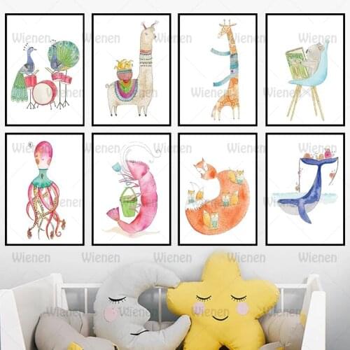 Canvas Painting Peacock Alpaca Giraffe Squirrel Jellyfish Whale Wall Art Posters and Prints Nordic Wall Pictures Kids Room Decor