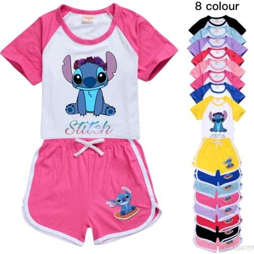 Disney Stitch Kids Clothing Cotton Girl Outfit Teenage Summer Tshirt Short Pants Suit Boys Tops Sets