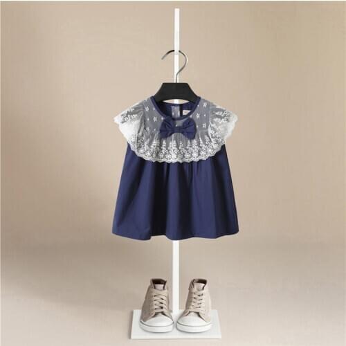 Summer Girls Dress Cotton Children Sleeve Dresses Solid Color Stripe Cute Kids Party for Princess Lace Tie Dress Tops Clothes