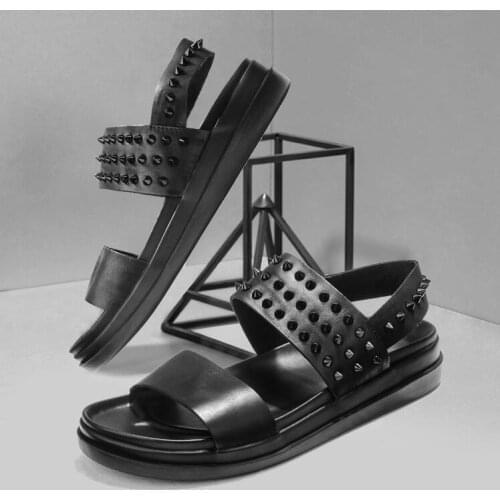 Mens sandals new summer fashion open-toe black genuine cow leather rivets Roman sandals 4cm heel height