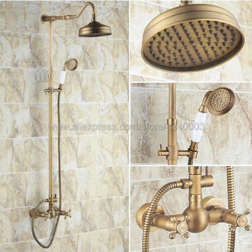Antique Brass 8 inch Shower Head Bathroom Shower Faucet Sets Double Handles Mixer Tap with Hand Shower Krs138