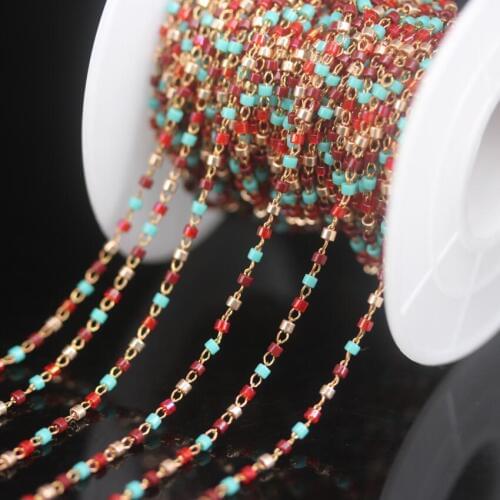 NEW! Multi Color Small Size Miyuki Delica beads Link Rosary Chain,Brass Wire Wrapped Japanese seed beads Necklace Chains Jewelry