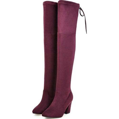 NEWDISCVR New Flock Leather Women Over The Knee Boots Lace Up Sexy High Heels Autumn Woman Shoes Winter Women Boots Size 34-43