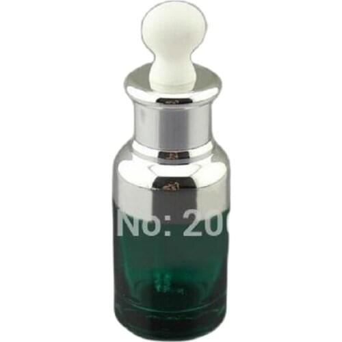 NEW ARRIVAL 30ml green glass dropper bottle with silver shoulder and silver collar ,white bulb glass bottle