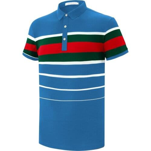 G8512 New Arrival Office Style Golf Shirt Spandex Viscose Cotton Yarn Dyed Striped Wears With Short Sleeve And Turn Down Collar
