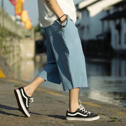 Summer Original Chinese Style Cropped Trousers Cotton and Linen Loose Linen New Mens Solid Flax Chinese Style Lin