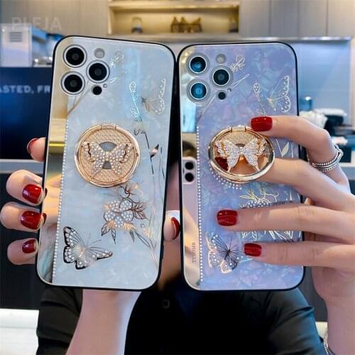 Luxury Butterfly Ring Stand Holder Phone Case For iPhone 11 12 Pro Max Mini SE2 7 8 Plus XS X XR Cute Woman Mirror Glossy Cover