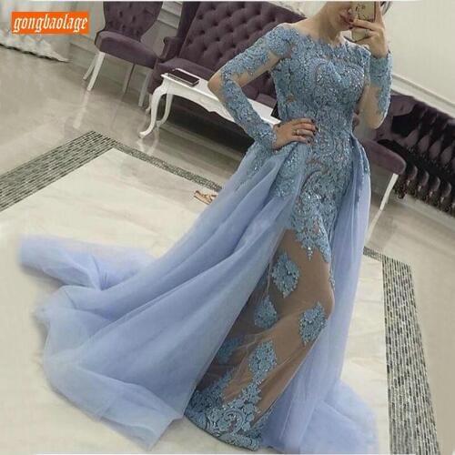 Blue Muslim Evening Dresses Long Sleeves Tulle Lace Appliqued Mermaid Formal Dress Women Islamic Dubai Saudi Arabic Evening Gown