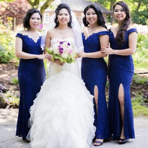 Navy Blue Gorgeous Wedding Bridesmaid Dress Deep V-Neck Lace Applique Off The Shoulder Side Split Floor Length Party Gowns New
