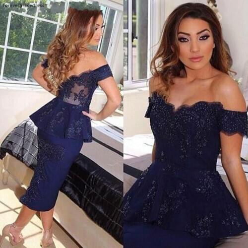 Navy Blue Prom Dresses High Quality Off The Shoulder Tea Length Peplum Lace Women Wear Party Gown