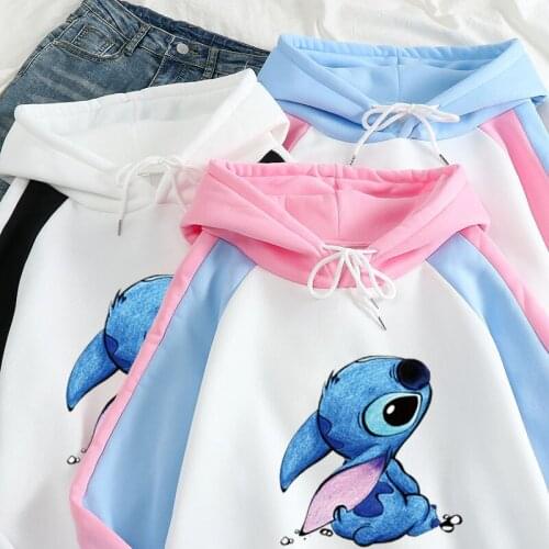 Disney Stitch Print Hoodie Korean Style Colorblock Long-sleeved Blouse Women Autumn Ladies Thicken Warm Cotton Loose Sweatshirt